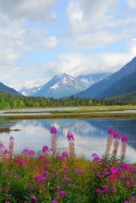 Фотообои с природой долина с озером посреди гор